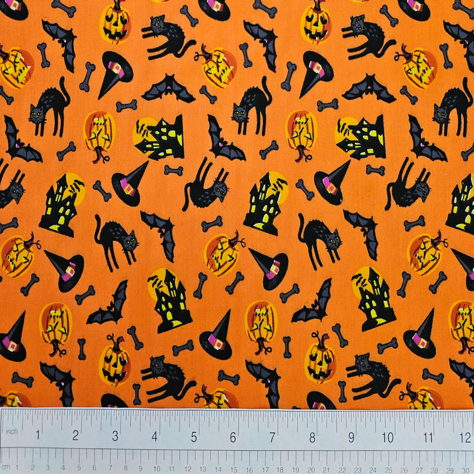 Halloween Dog Bandana Fabric by the Yard | Poly Cotton Blend Craft Fabric for Sewing, Quilting & Grooming Bandanas | Pre-Cut Available F7188