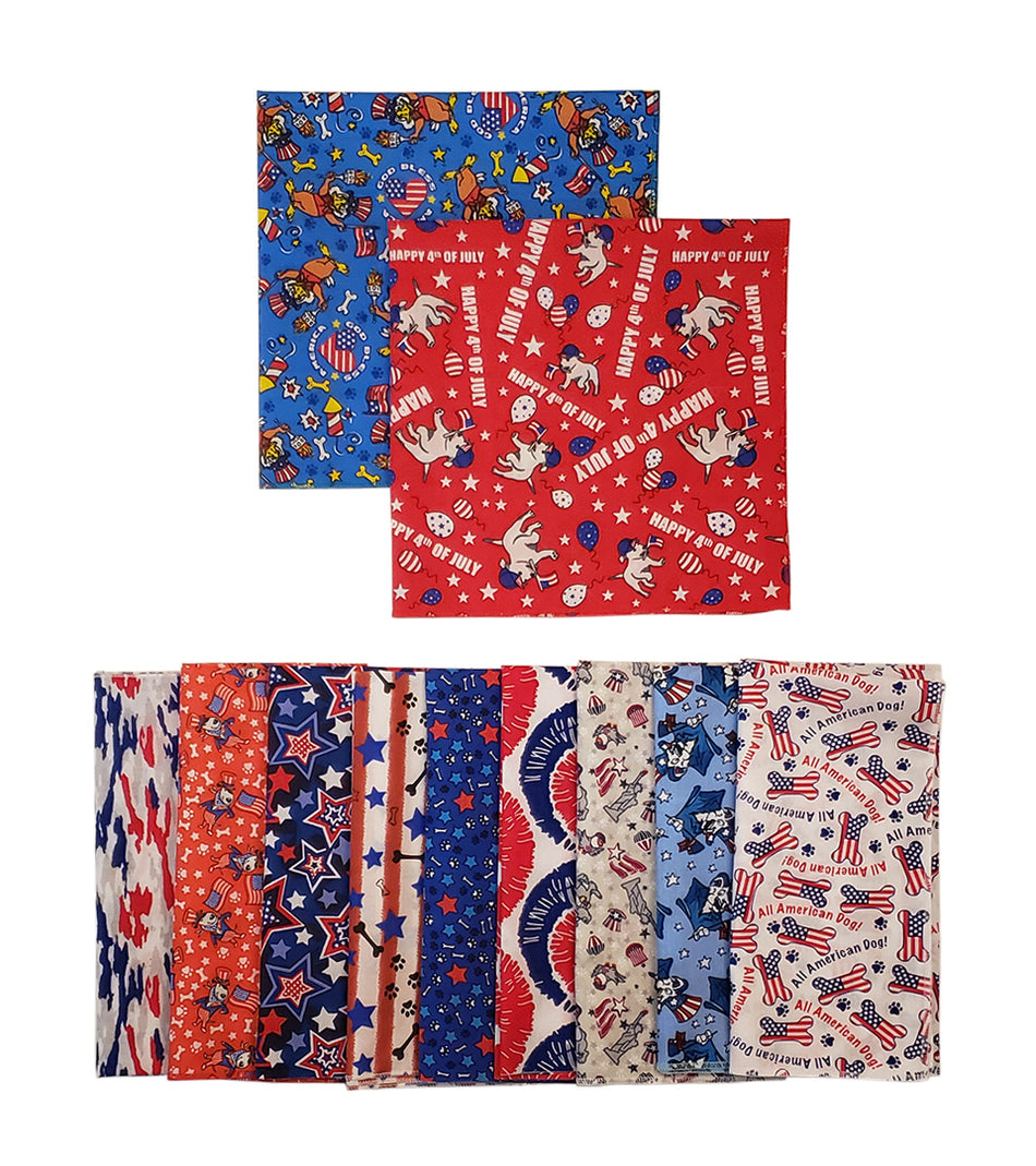 PKSQ5 12 Assorted PATRIOTIC Square Dog Grooming Bandanas / Groomers Bulk Package